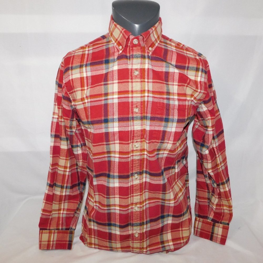 Eddie Bauer Relaxed Fit Red Cream Blue Plaid Button Front LS Flannel Shirt Men